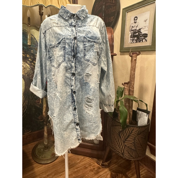 Women's Thrill Jeans Denim Shirt Dress 2X Blue Distressed - Picture 1 of 10